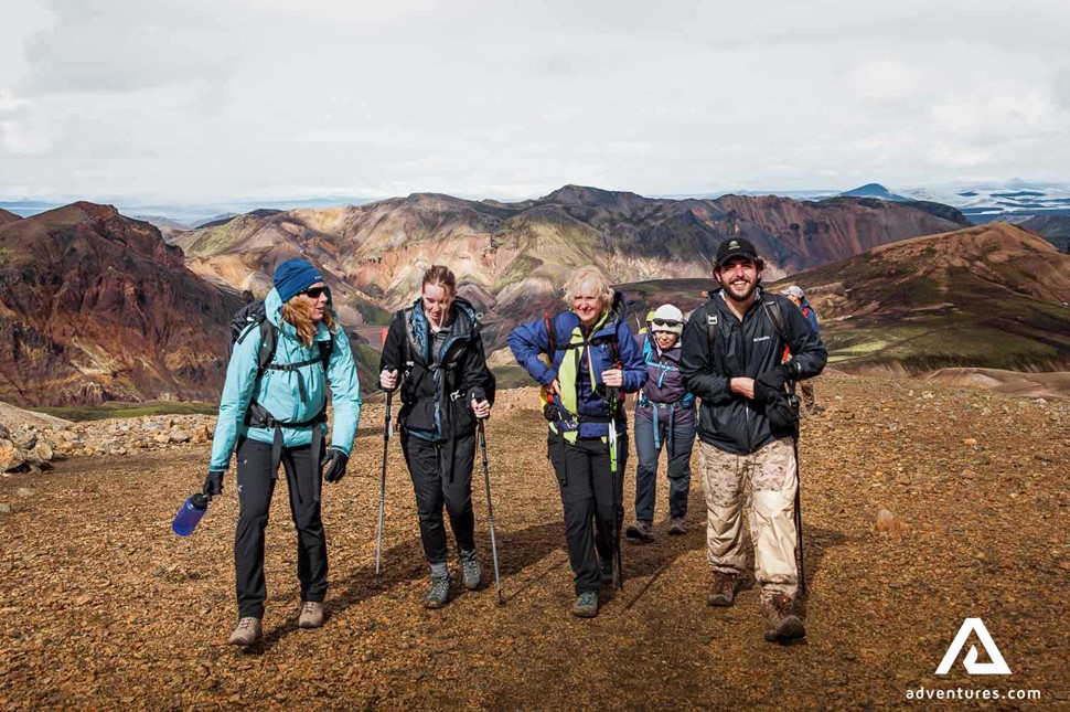 group of hikers in laugavegur in iceland