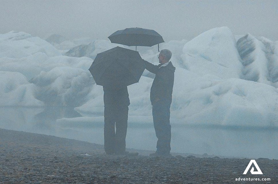 foggy rainy day at glacier lagoon in iceland