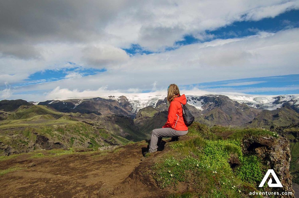 sitting on a mountain looking at thorsmork valley