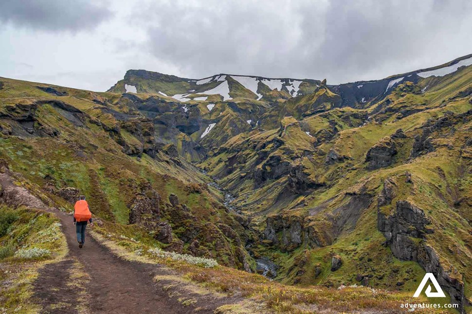 trekking with a big backpack in iceland