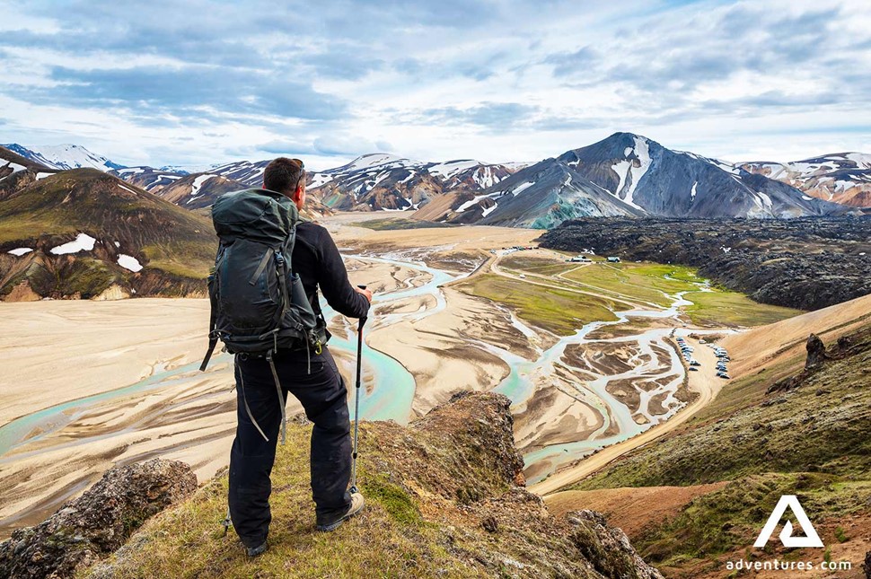 man with a big backpack in fjallabak in iceland