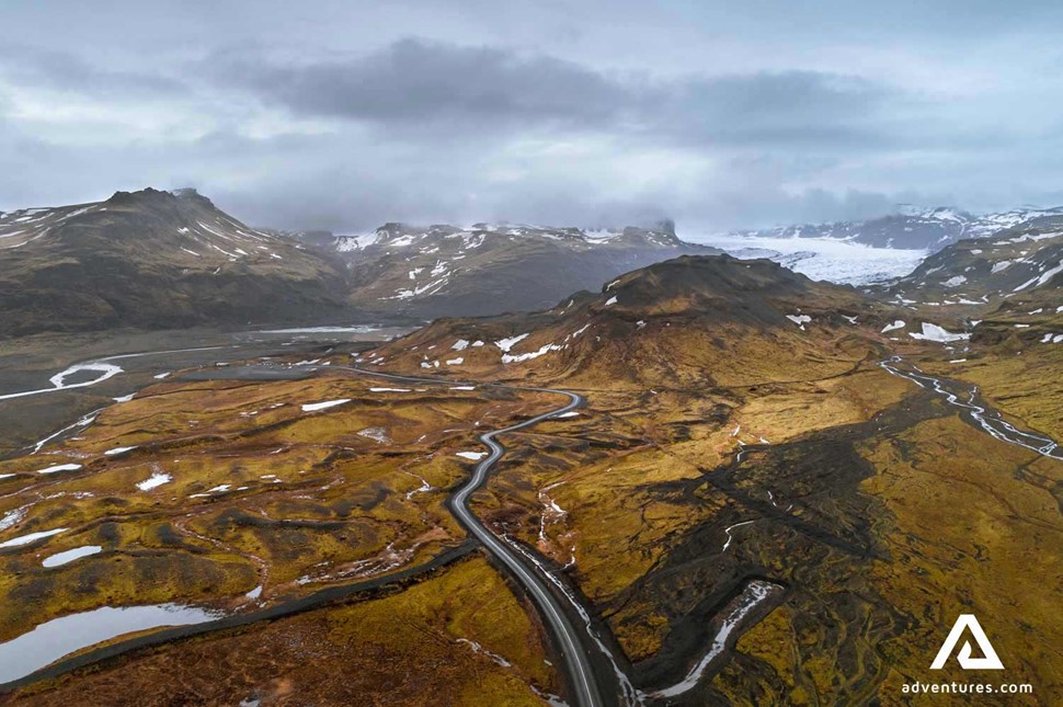 aerial view of a road near solheimajokull glacier