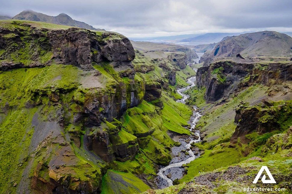 a view of thorsmork valley canyon in summer in iceland