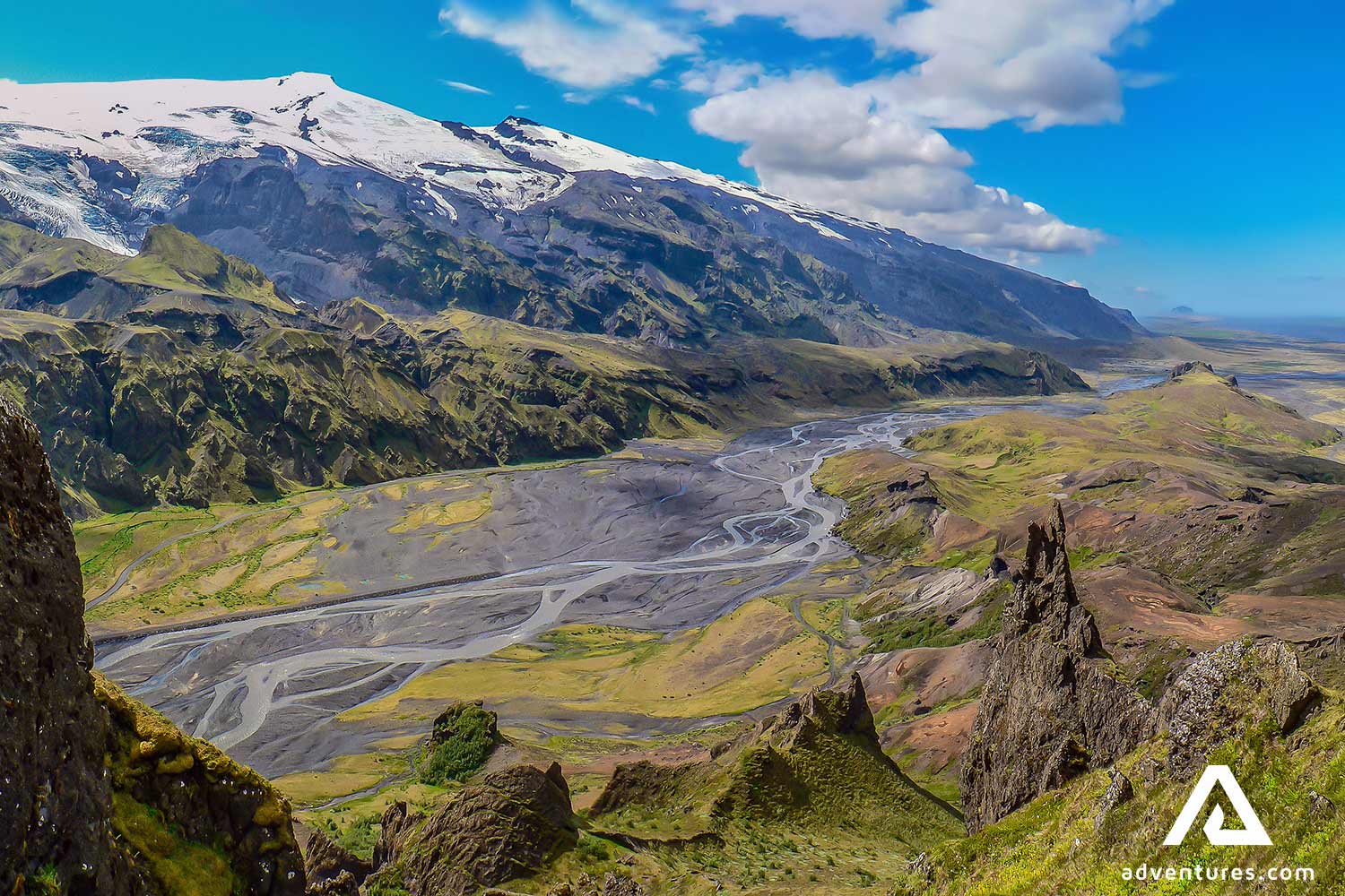 snowy mountain range near thorsmork valley in iceland