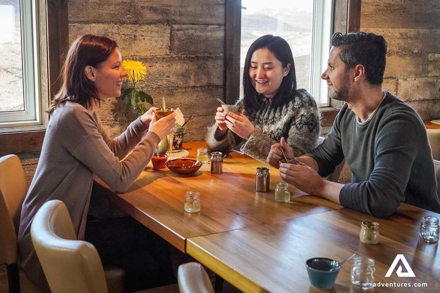 friends trying out local icelandic cuisine