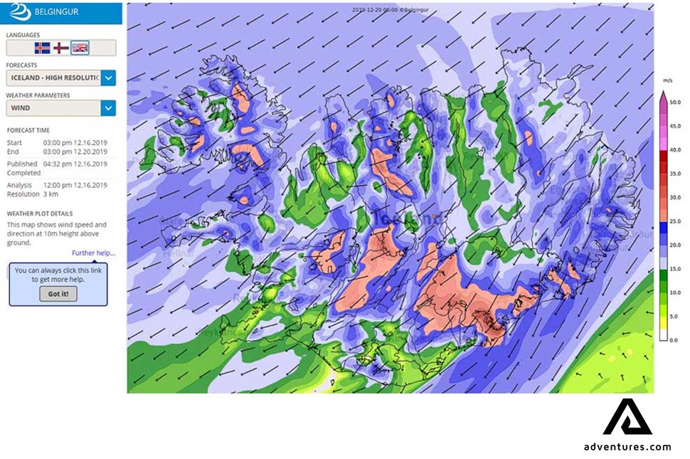 weather map on vedur.is website in iceland