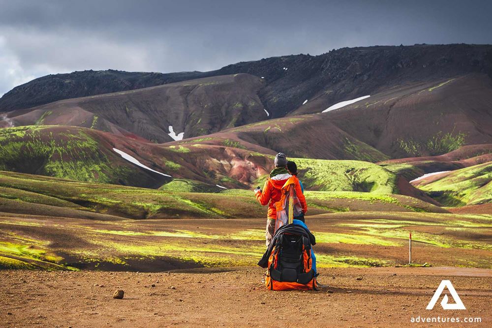 Woman with a backpack in Landmannalaugar