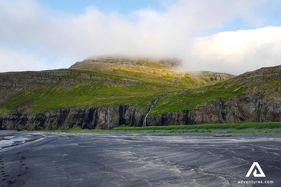 Foggy mountain view in Westfjords
