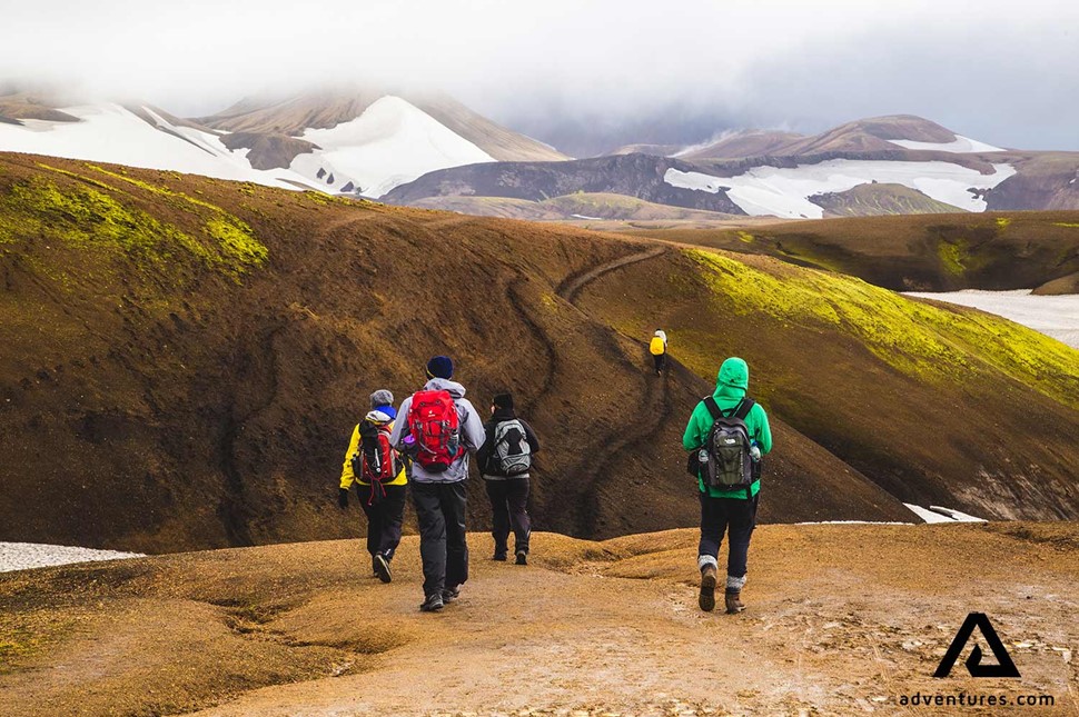 small group trekking around hrafntinnusker on Laugavegur