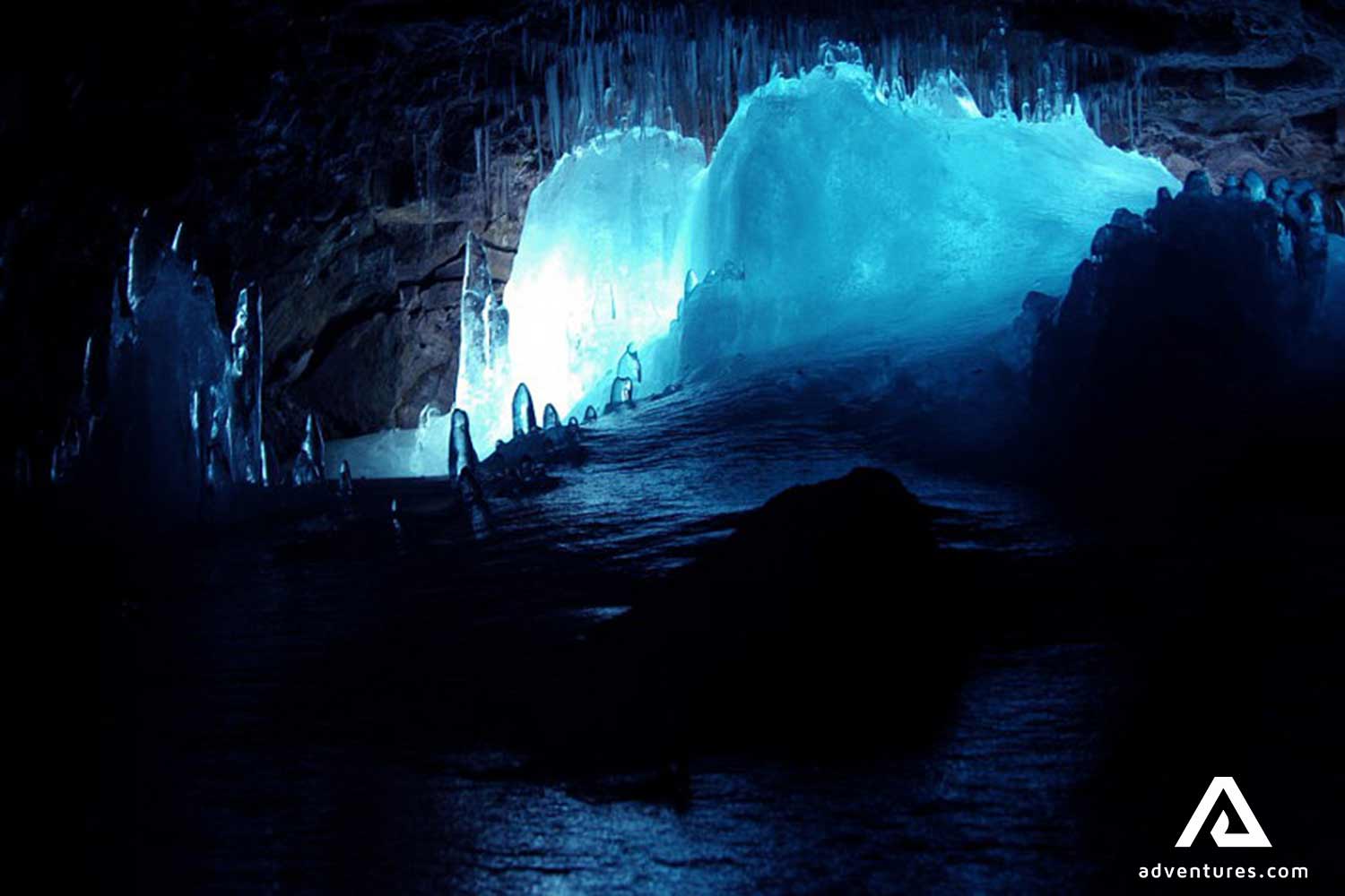 blue ice formations inside Lofthellir cave