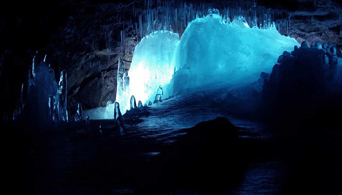 blue ice formations inside Lofthellir cave