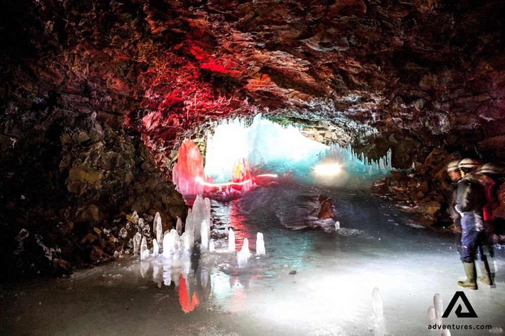 colourful lights inside Lofthellir lava cave