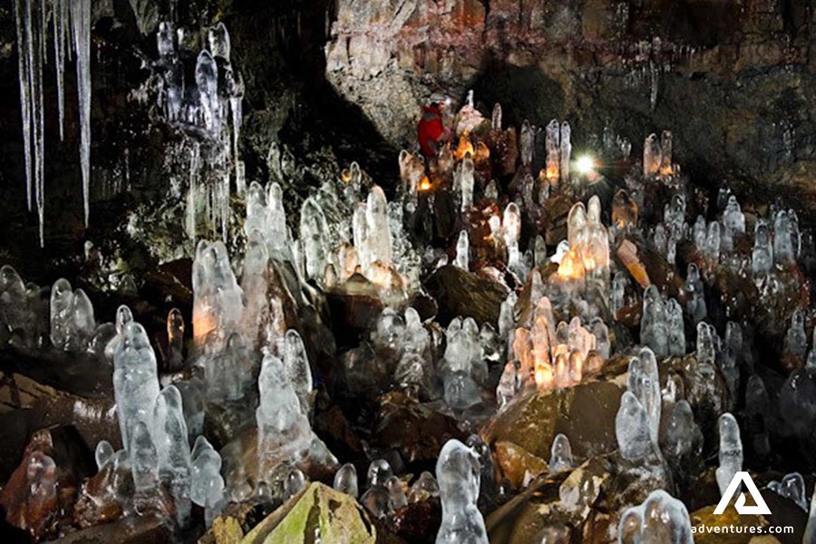 crystal formations inside the lava tube in winter