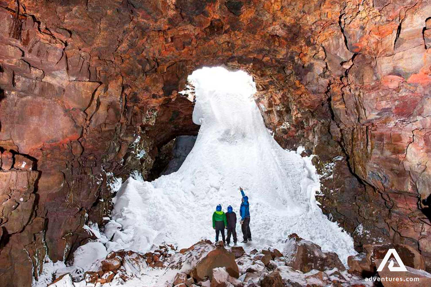 Raufarholshellir lava cave in winter with a lot of snow