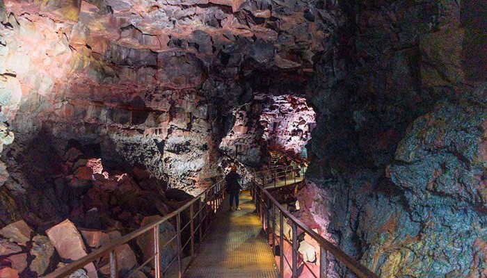 steel walking path inside a lava cave in Iceland