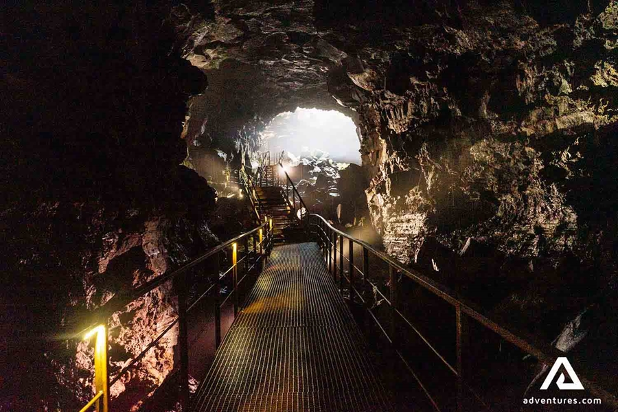long steel path inside a lava tunnel