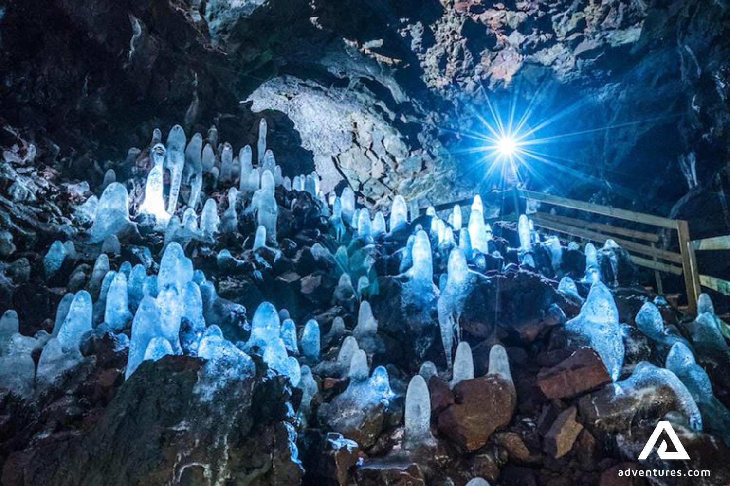 blue crystal formation inside a lava cave in iceland