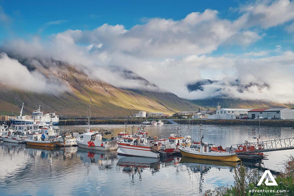 Bolungarvik Town Harbor Mountain Clouds in Iceland