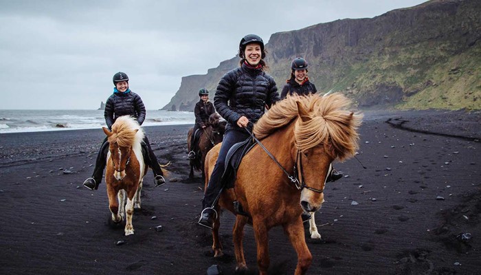 small group riding horses in Vik in the south coast