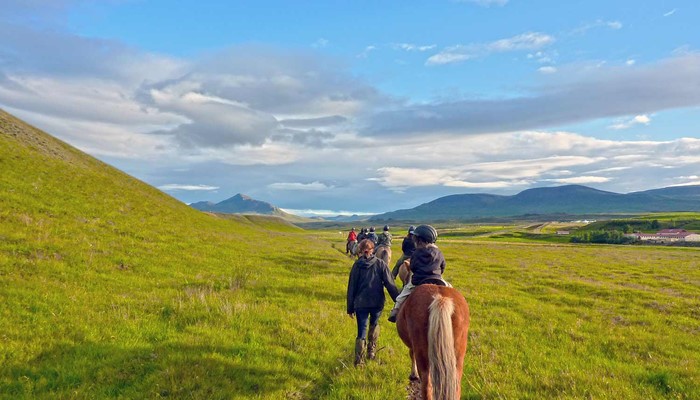 riding horses through a field path in the north of Iceland
