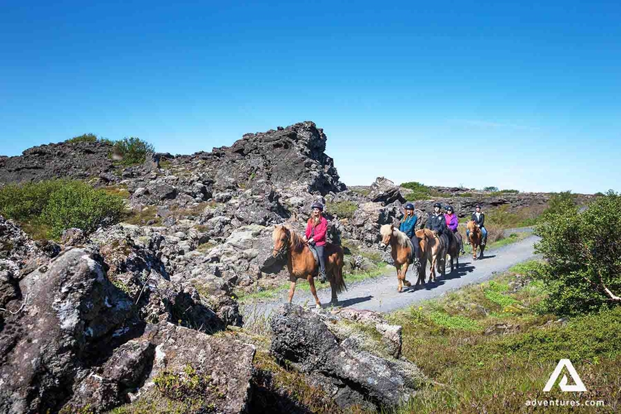 small group on a horse riding tour in iceland