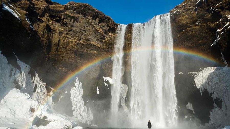 skogafoss waterfall with a rainbow