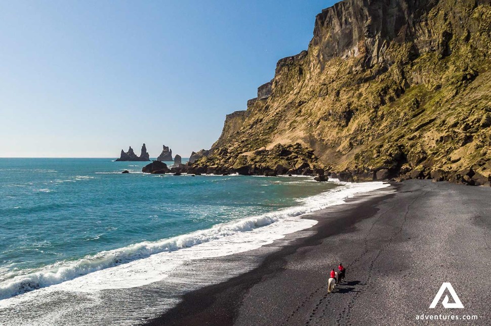 black sand beach view with horse riding