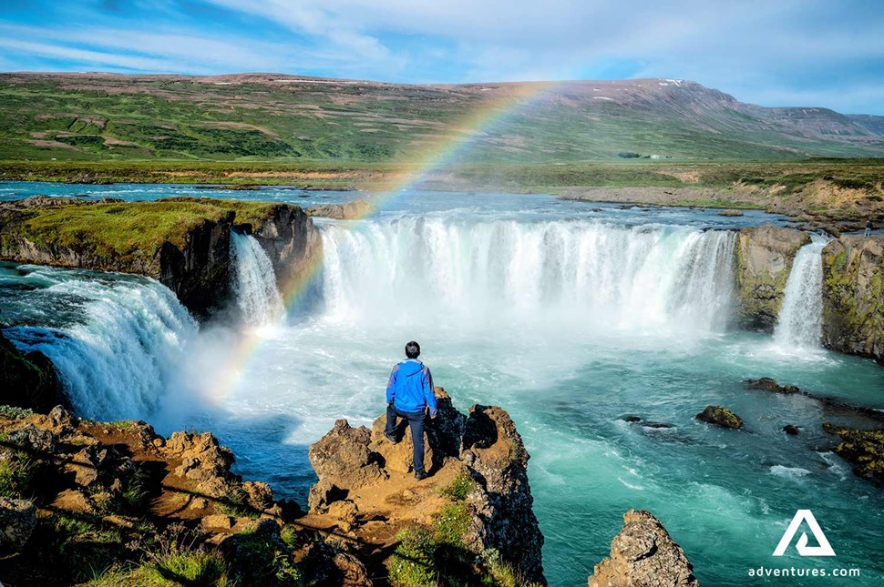 Man Standing Near Godafoss Waterfall Iceland Akureyri Summer