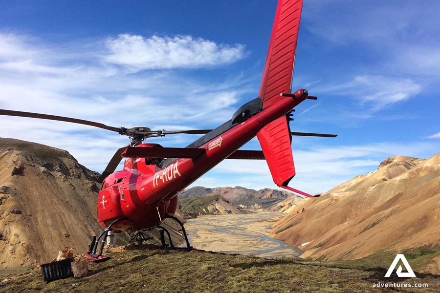 red helicopter in landmannalaugar