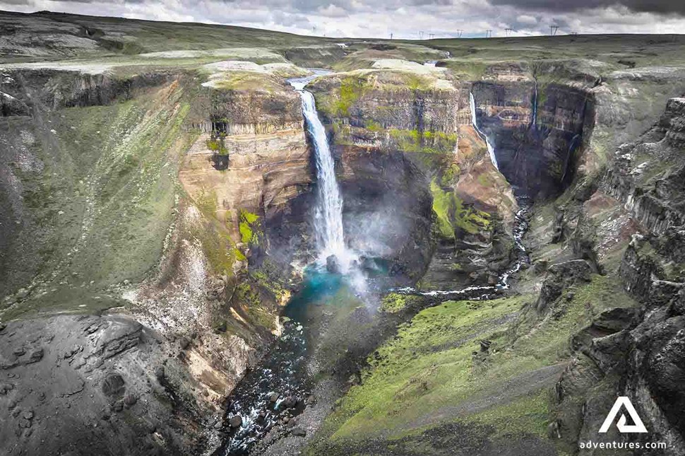 haifoss waterfall aerial view from a helicopter