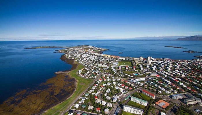 helicopter view of downtown seaside reykjavik in iceland