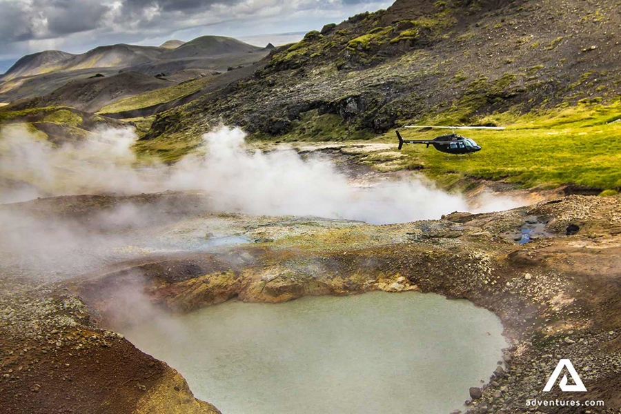 landed helicopter in a geothermal area