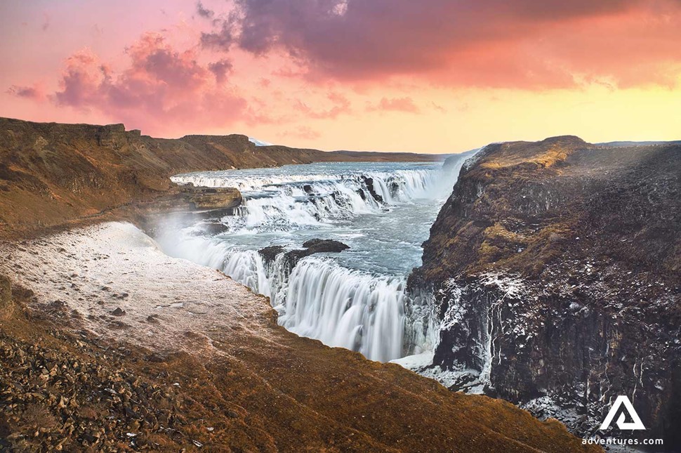 Gullfoss waterfall at sunset in winter in Iceland
