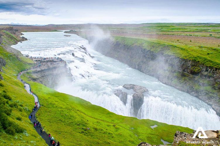 drone view of Gullfoss waterfall drone view of Gullfoss waterfall in Iceland