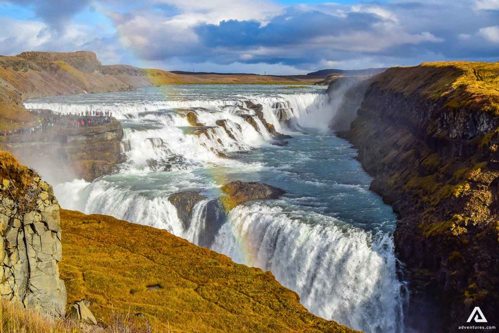 Gullfoss waterfall with a rainbow view