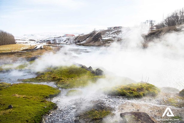 steaming hot spring near secret lagoon in iceland