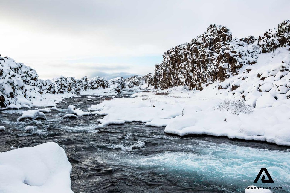 river flowing from Oxararfoss waterfall in Thingvellir