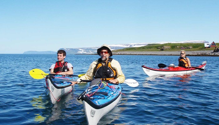 Happy group kayaking in Iceland