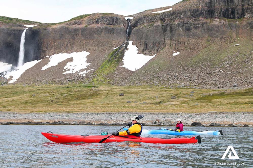 Kayaking near a mountain
