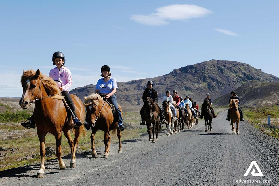 A big group riding horses in Iceland