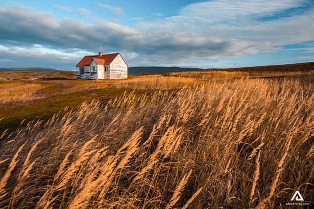 Lonely house with golden fields around