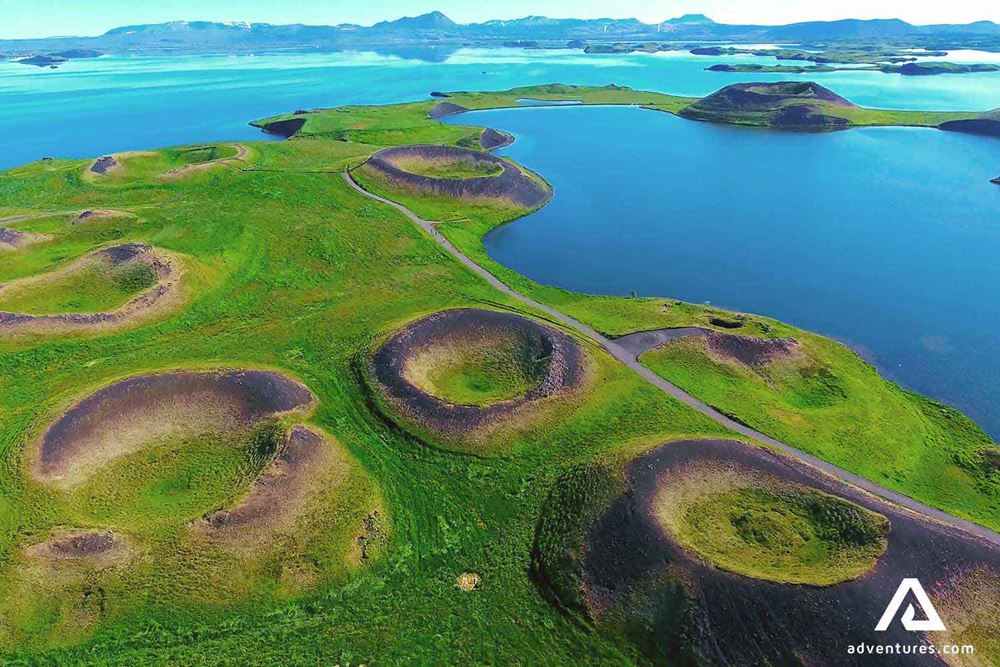 aerial view of volcanic craters near myvatn