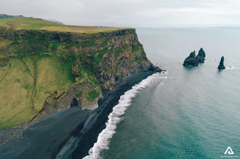 drone view of reynisfjara black sand beach near vik i myrdal