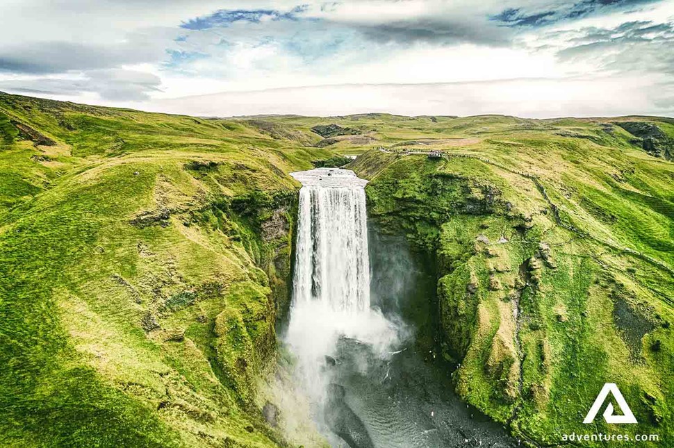 aerial view of skogafoss waterfall in summer in south coast