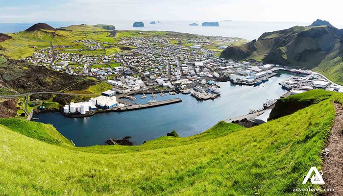 view of heimaey island town from a hill