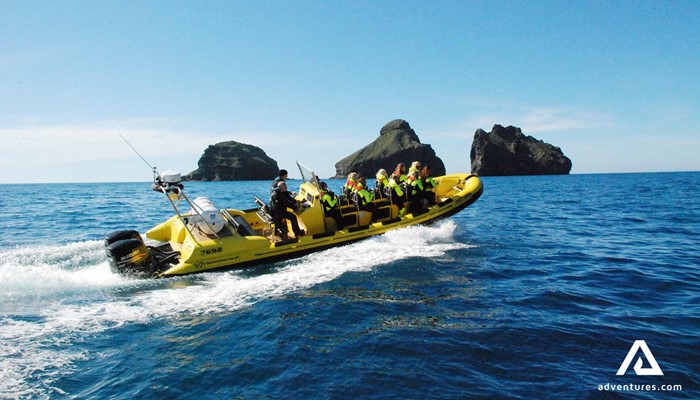 small group on a rib boat tour in vestmannaeyjar