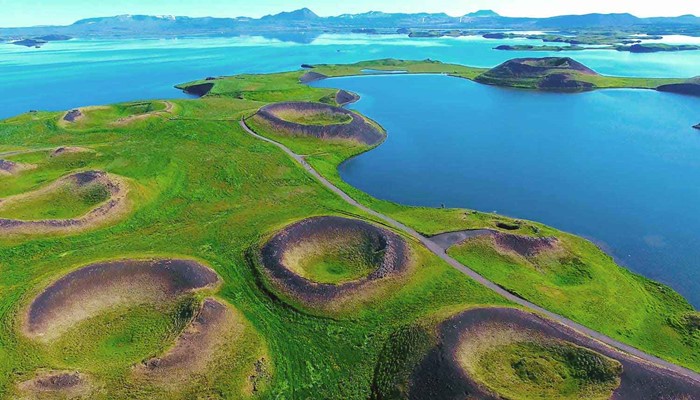 vulcanic craters near myvatn lake from a drone