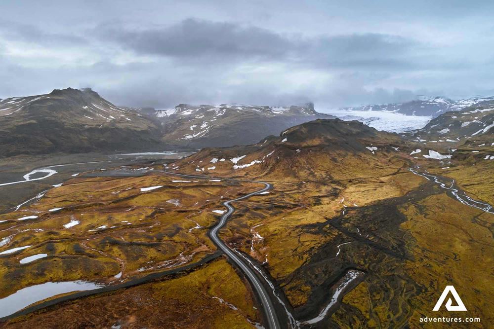 aerial view of the road near solheimajokull