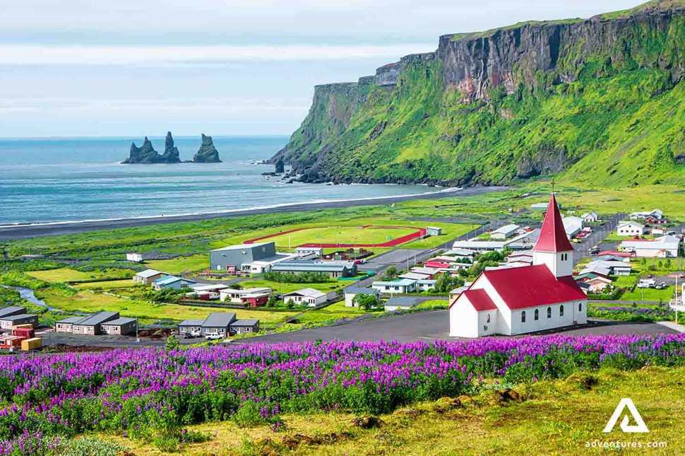 summer view of Vik town in the south coast of iceland