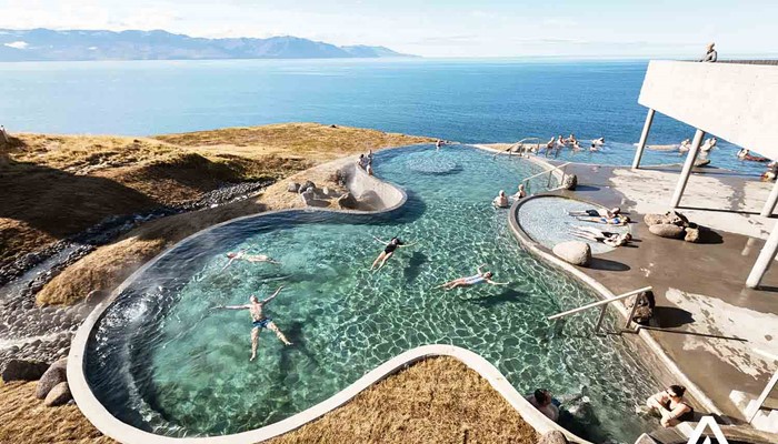 aerial view of geosea swimming pool in north iceland